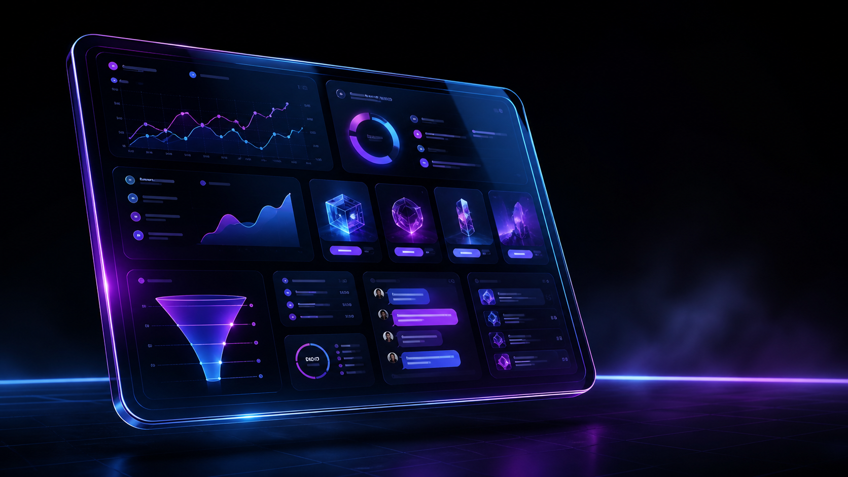 Dashboard futurista de ORYON con módulos de optimización publicitaria